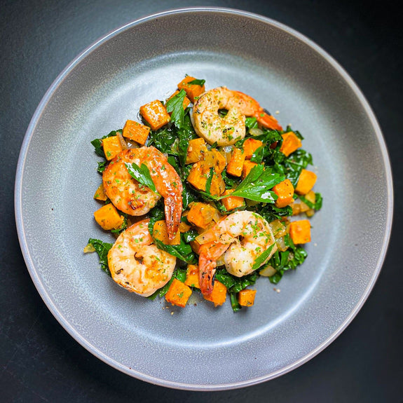 Shrimp, Kale and Sweet Potato Skillet