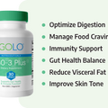 GOLO GO-3+ supplement bottle with key product benefits listed.
